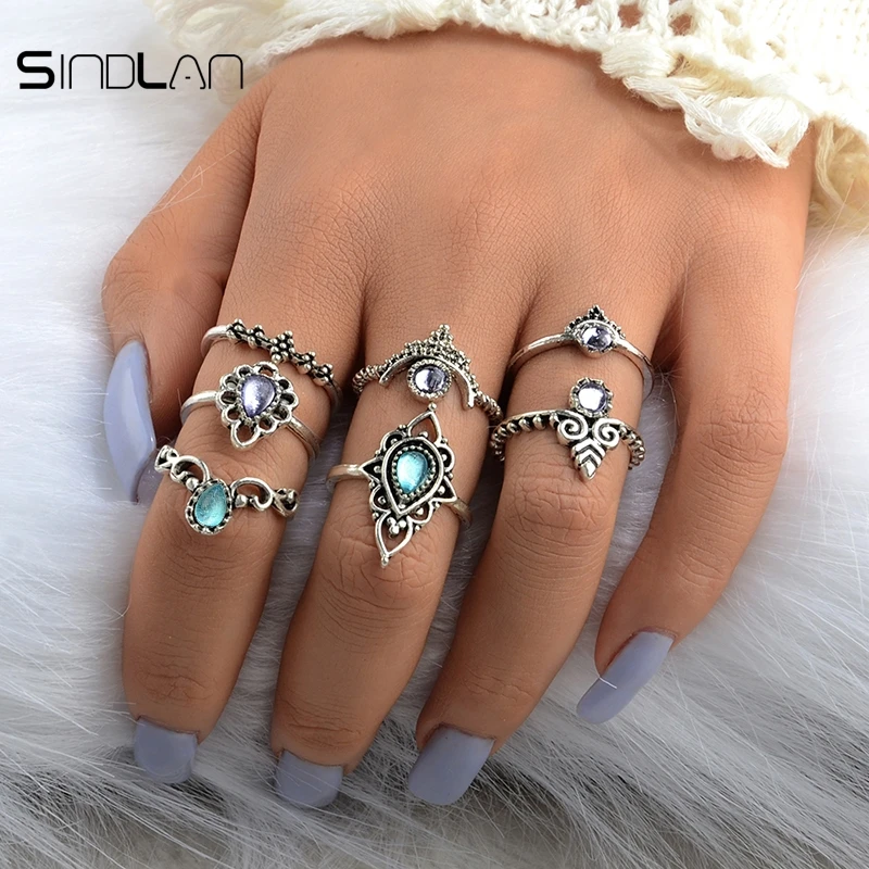 

New Fashion 7pcs / Set Wedding Jewelry Bohemian Ethnic Wind Color Crystal Vintage Exaggerated Hollow Flower Ring For Women