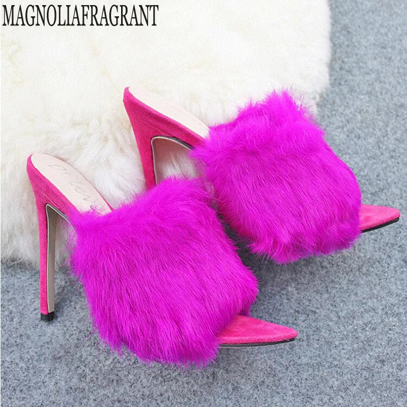 

Rabbit hair Fur Women's Pumps Shoes High Heel Slippers Women Big Large Size Pointed Toe Ladies Female Slides Fashion Woman Shoes
