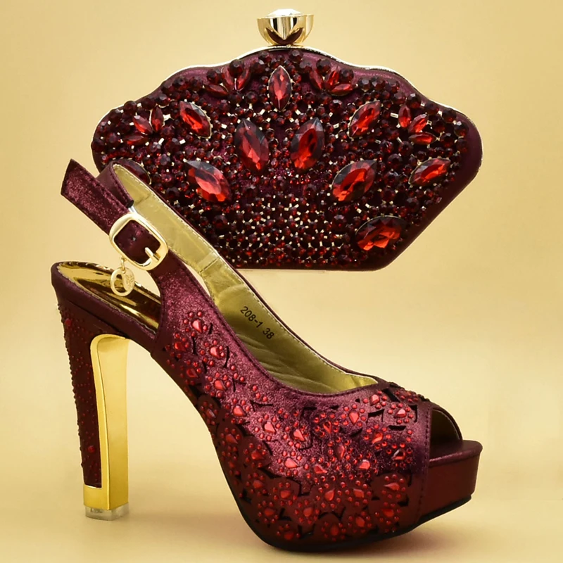 New Arrival Pink Color Italian Shoes with Matching Bags Decorated With Crystal Womens Dress Shoe Open Toe Women Shoe and Bag Set