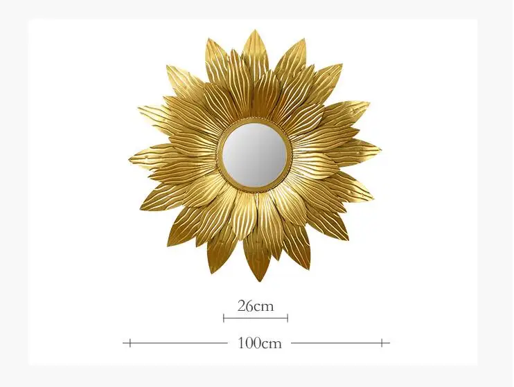 American Light Luxury Wrought Iron Gold Sun Flower Decorative Mirror Wall Hanging Pendant Aisle Background Wall Mural Crafts Art