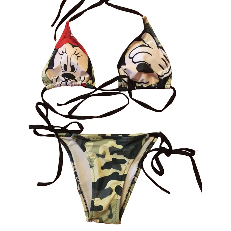 2019 Summer Sexy Women Mickey Cartoon Swimwear Minnie Camouflage Print Bandage Bikini Set Swimsuit Maillot De Bain Femme