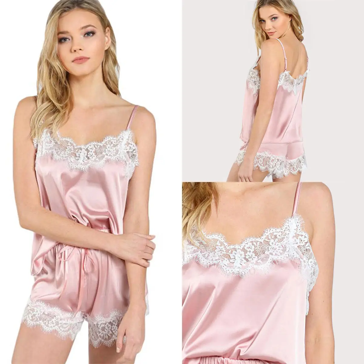 Summer 2019 Fashion Lace Solid Satin Sexy Lingerie Camisole Short Set Sleeveless V-Neck Pajamas Set For Women Summer 2019 Fashion Lace Solid Satin Sexy Lingerie Camisole Short Set Sleeveless V-Neck Pajamas Set For Women