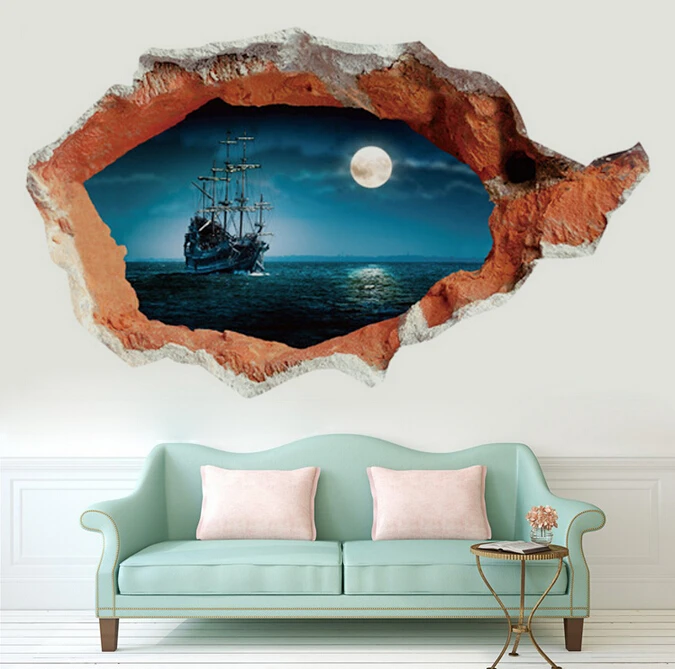 

3D Ceiling Sea Ocean Tree Blue Sky 3D landscape painting window hole wall sticker home decals for couple house wedding decor