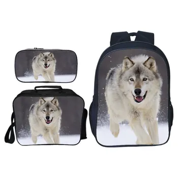 

New Arrivals 3pcs/set Animals Printing Wolf Kids Baby School Bags for Children Backpacks for Boys Schoolbag Student Suit Bookbag