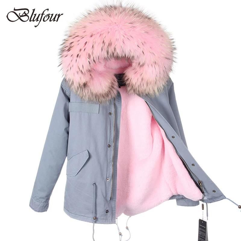 

Blufour 2017 New Youthful Pink Fur Coats Warm Parka Women Winter Jacket Big Real Fur Collar with Detachable Faux Fur Liner Slim