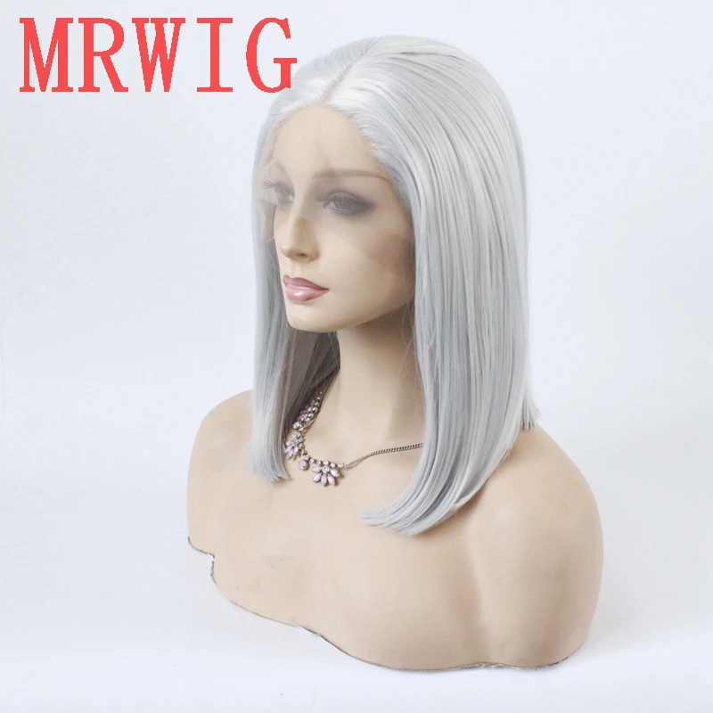 MRWIG серебристо-серый короткий боб прямой бесклеевой передний кружевной парик Средняя часть 12 дюймов 150% плотность серый цвет волос парик