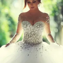 Luxury Ball Gown Bride Dress 2017 Great Design O Neck Long Sleeve Crystals Tulle Wedding Dresses Custom Made