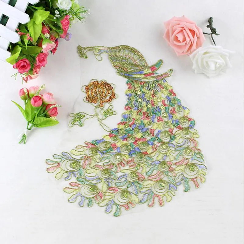 

1pcs Colorful Sequin Peacock Embroidery Fabric Large Applique Patch African Lace Sew Dress Cloth Decorate Accessory Diy