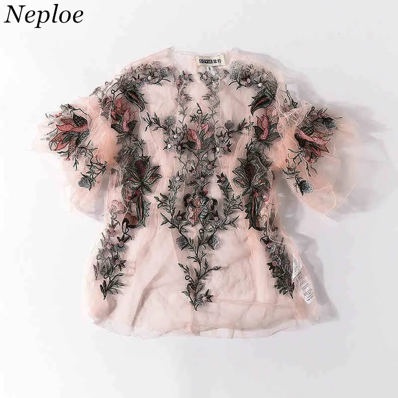 

Neploe European Fashion Lace Embroidery Women Blusas Sexy See through Mesh Blouse Floral Flare Sleeve Ladies Blouse 65607