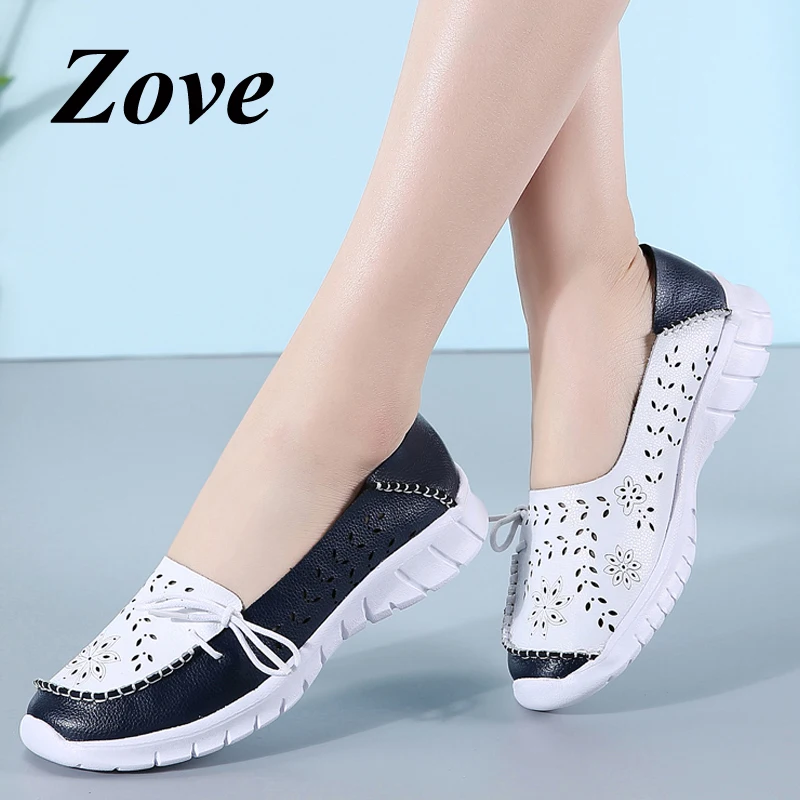 

ZOVE Women Loafers Flats 2019 Spring Summer Leather Hollow Floral Slip On Ballet Flats Ladies Moccasins Driving Chic Flats Shoes
