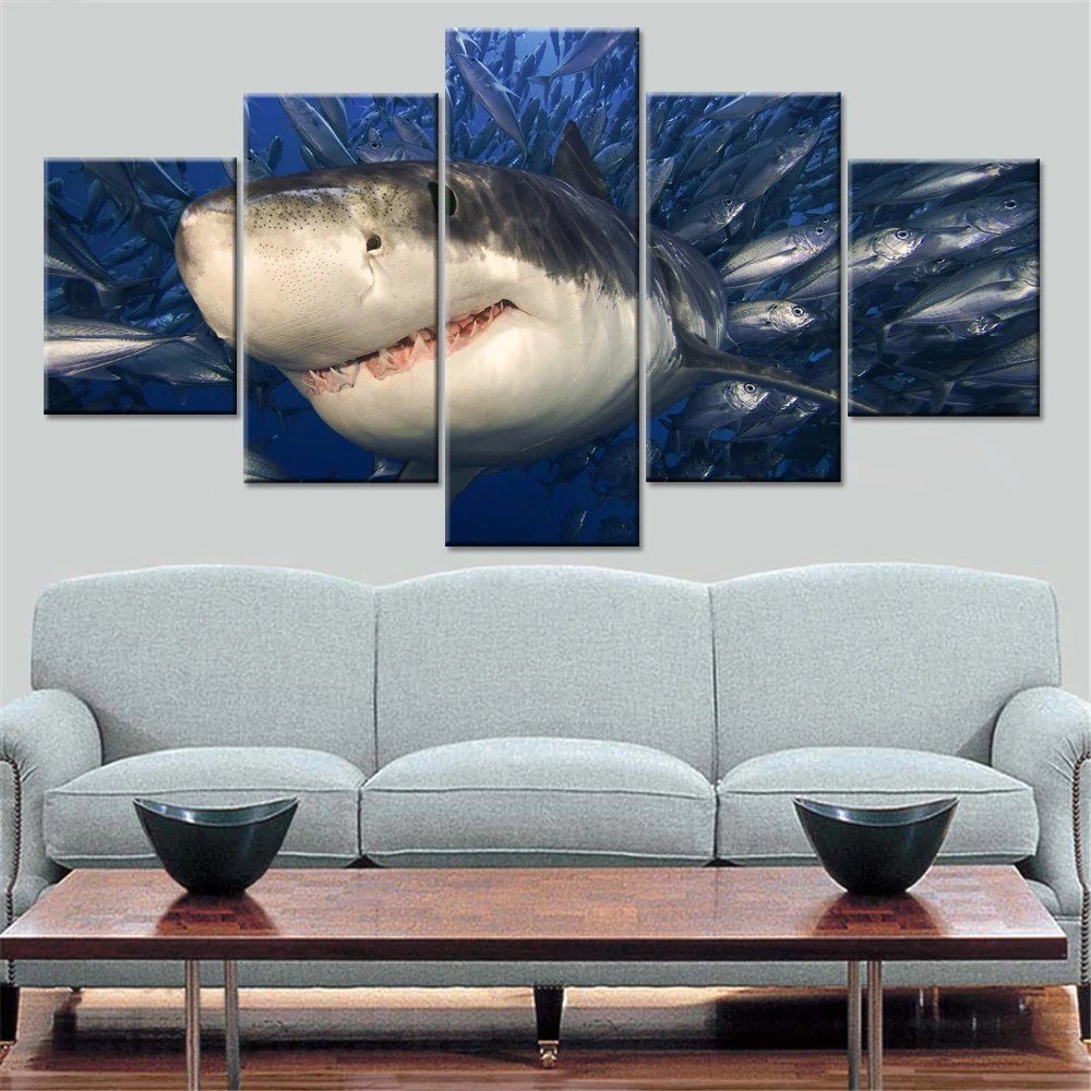 

Modular Canvas HD Printed Poster Wall Art 5 Pieces Shark Paintings Little Fishes Pictures For Living Room Home Decor Framework