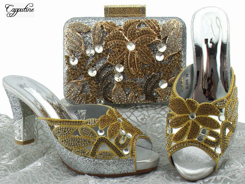 

Amazing silver high heel slip on shoes and handbag set nice matching for evening dress BL006,heel height 8cm