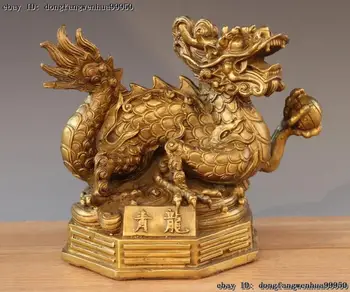 

Chinese Royal FengShui Brass Copper Zodiac Dragon Loong Hold Bead Animal Statue