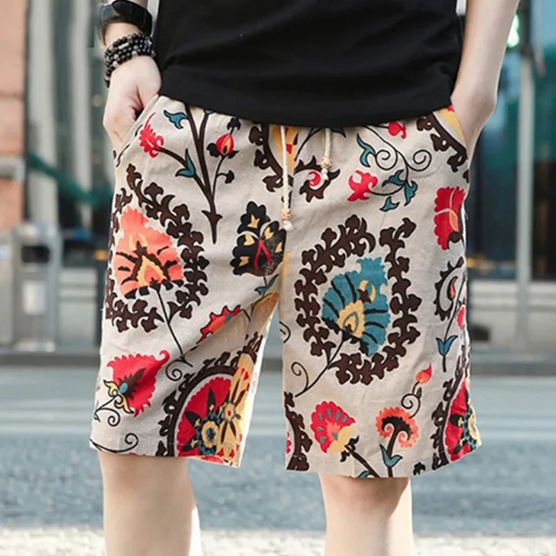 

Cotton Linen Men's Beach Shorts Quick-drying Casual Shorts Men Fashion Print Knee Length Pants Large Size Sports Jogging Running