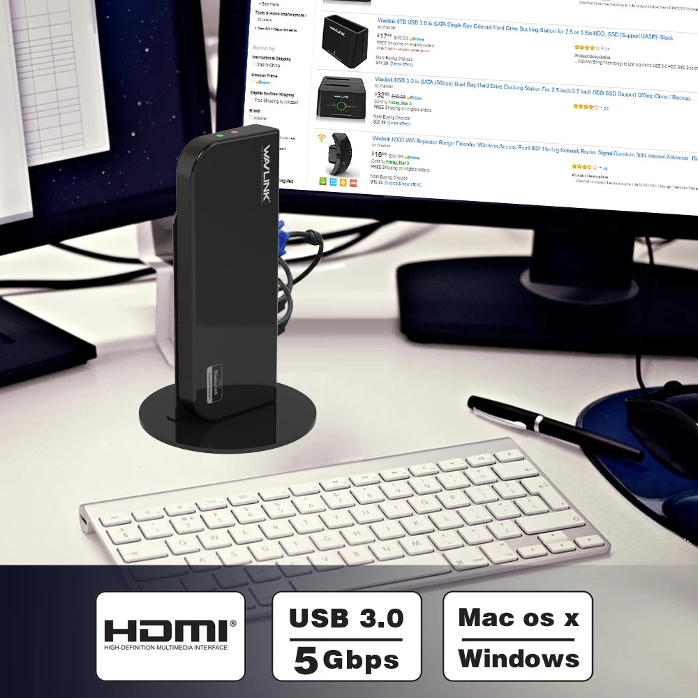 WAVLINK Универсальная док-станция USB3.0 двойная поддержка видео DVI/HDMI/VGA до 2048X1152 GIGABIT ETHERNET 6 портов для портативных ПК США