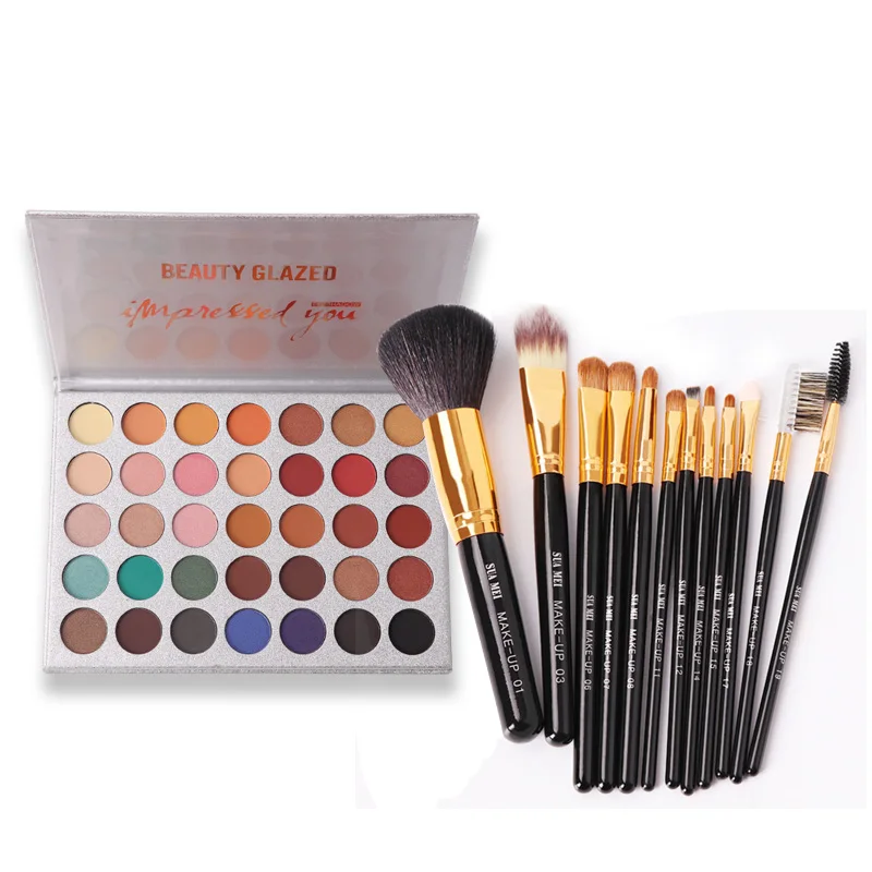 BEAUTY GLAZED бренд натуральные тени для век Палитра с кисточкой световой длительный матовый блеск для век Косметика 35 цветов In1 - Цвет: SMSet