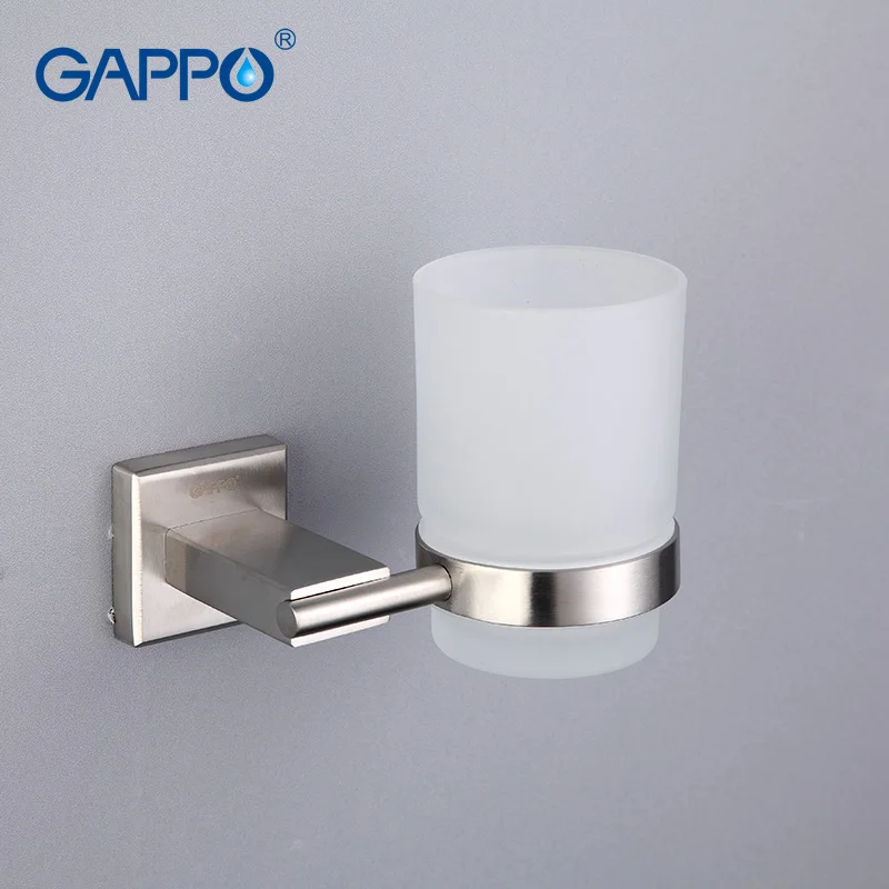 Stainless Chrome Bathroom Wall Mounted Single Cup Holder with Glass Toothbrush