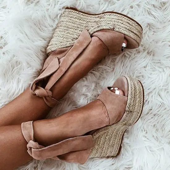 

Carpaton Sexy peep Toe Platform Wedge Sandals Woman Summer Rope Braided Lace-up Heels Cutouts Gladiator Shoes Leather Heels