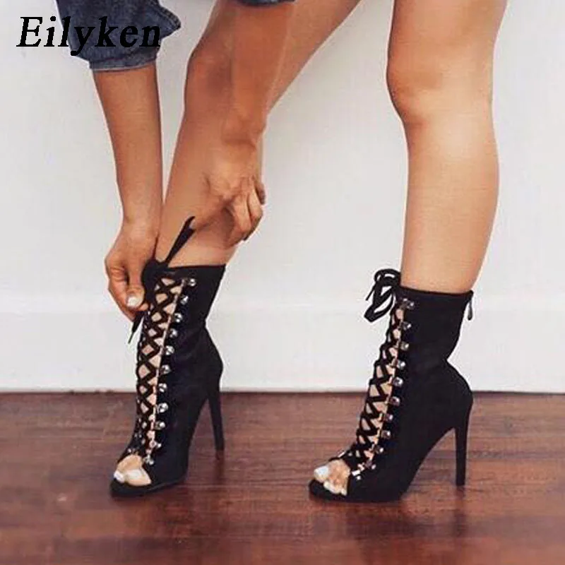 Eilyken/женские босоножки; сезон весна-лето; пикантные ботильоны из флока на тонком высоком каблуке с открытым носком на шнуровке; модные туфли-лодочки