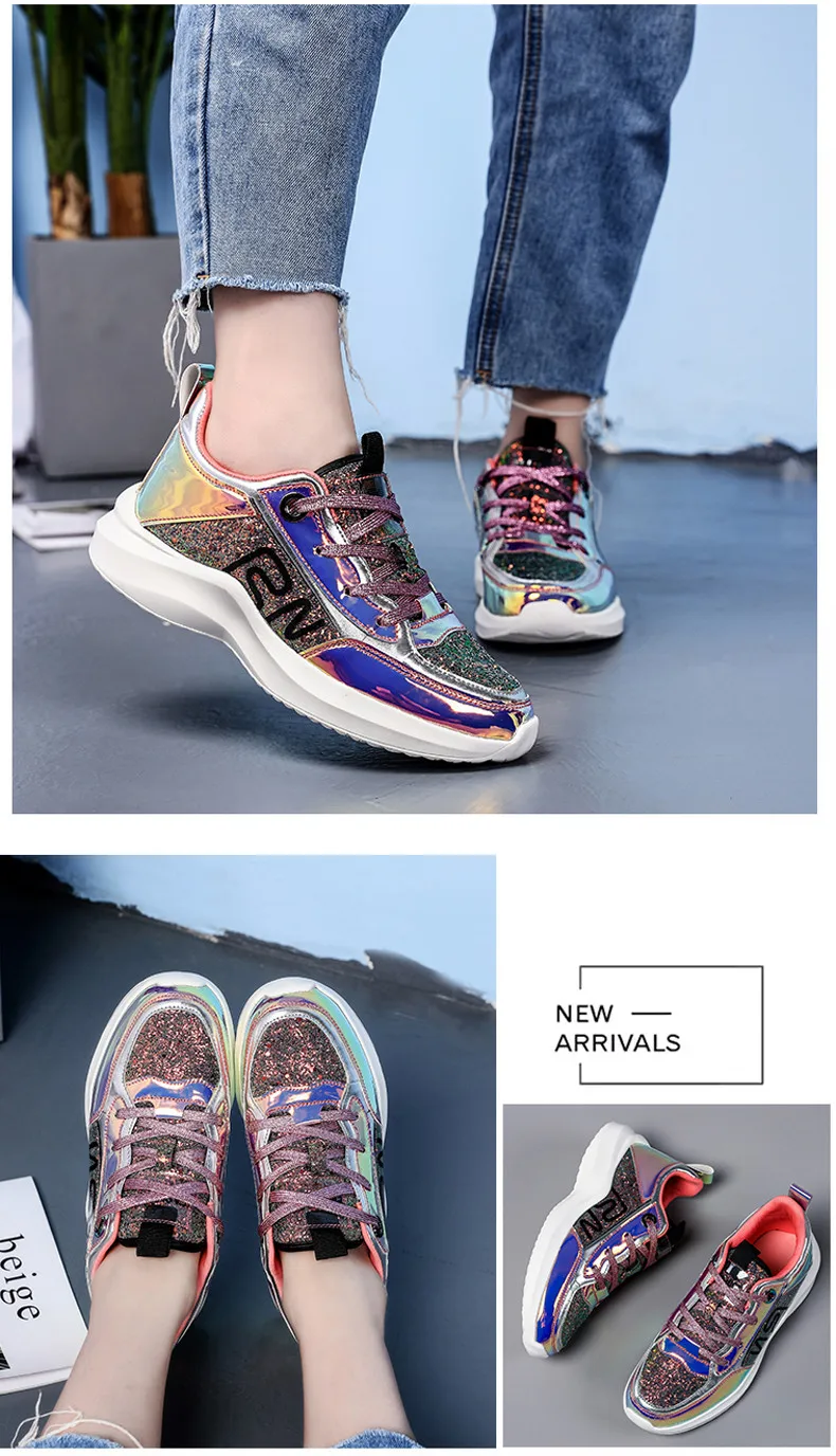 2019 Spring Sneakers Women Shiny Bling Lace-up Flats Shoes Women Basket Femme Trainers Shoes Chunky Sneakers creepers (9)