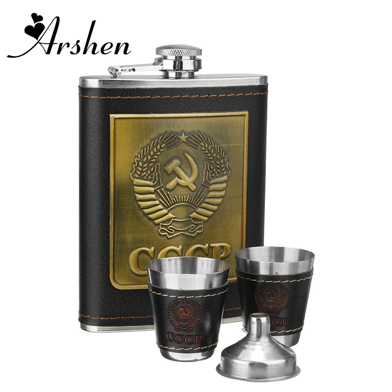 Arshen нержавеющая сталь 8 унций бедра фляги носить открытый ретро кожа мини-бутылка виски спирт кувшин 1 Воронка и 2 чашки