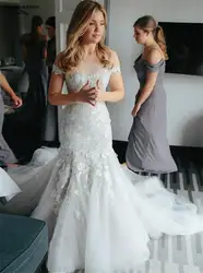 Vestidos de novia 2019 с плеча Русалка Свадебные платья Кружево Аппликации Кнопка назад иллюзия свадебное платье развертки Поезд