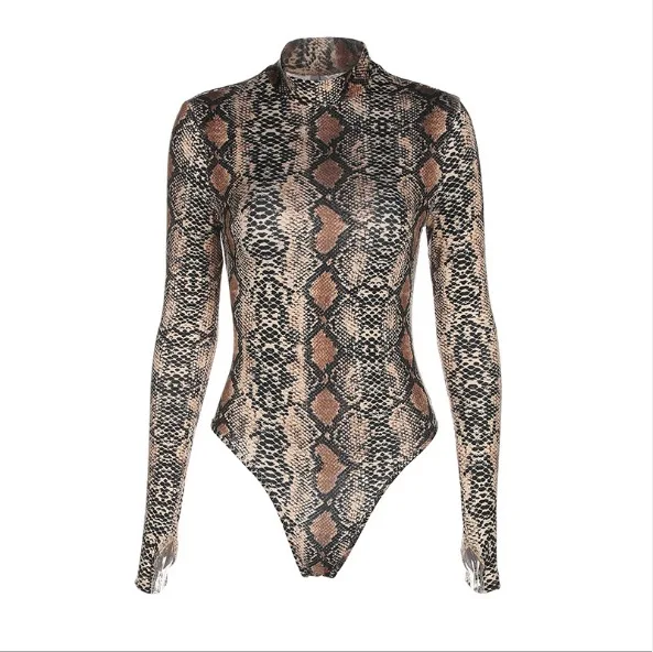 leopard jumpsuit Боди с змеиным принтом, стринги, сексуальная водолазка, боди, комбинезон, облегающий, с высоким вырезом, Змеиный комбинезон, длинный рукав, боди для женщин, боди для похудения - Цвет: leopard jumpsuit