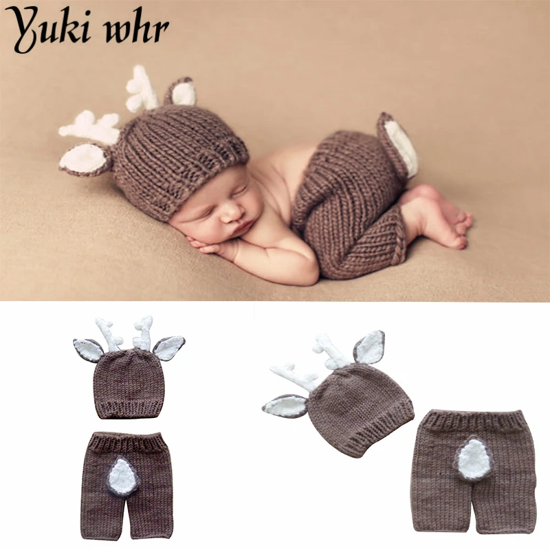 

Baby Outfits Deer Newborn Photography Accessories Handmade Crochet Baby Beanie Hats and Pants for photo props baby photography