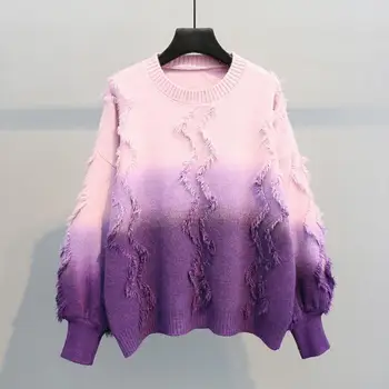 

2019 Autumn Winter Sweater Women Loose Tassel Gradient Color Knitted Pullover Sweaters Female Student Knit Shirt Coat Outwear r1