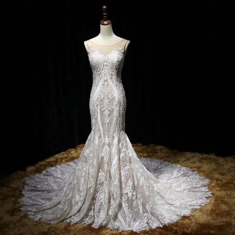 

Irina Bridals trouwjurken Cap Sleeve Lace Appliques Champagne Mermaid Wedding Dress