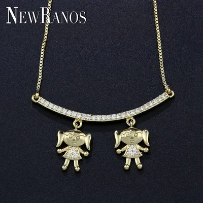 Newranos, ожерелье с подвеской «СемьЯ» для мальчиков и девочек, ожерелье с кубическим цирконием, ожерелье, подарок матери, женское модное ювелирное изделие, NWX001482 - Окраска металла: 2 girl gold