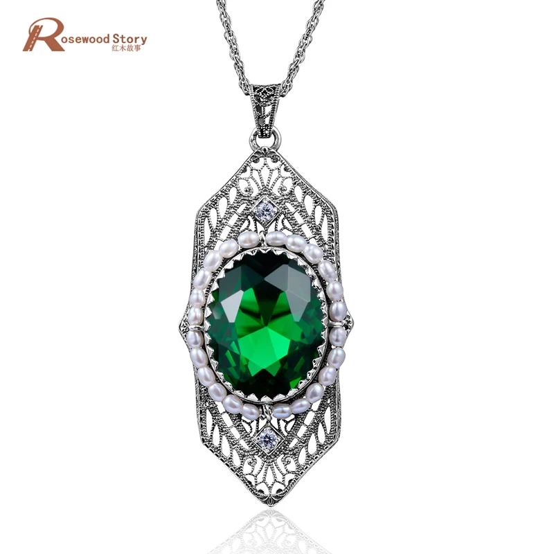 

Fashion Vintage Women Jewelry Natural Pearl Oval Cut CZ Green Rhinestone Solid 925 Sterling Silver Crystal Pendants Necklace
