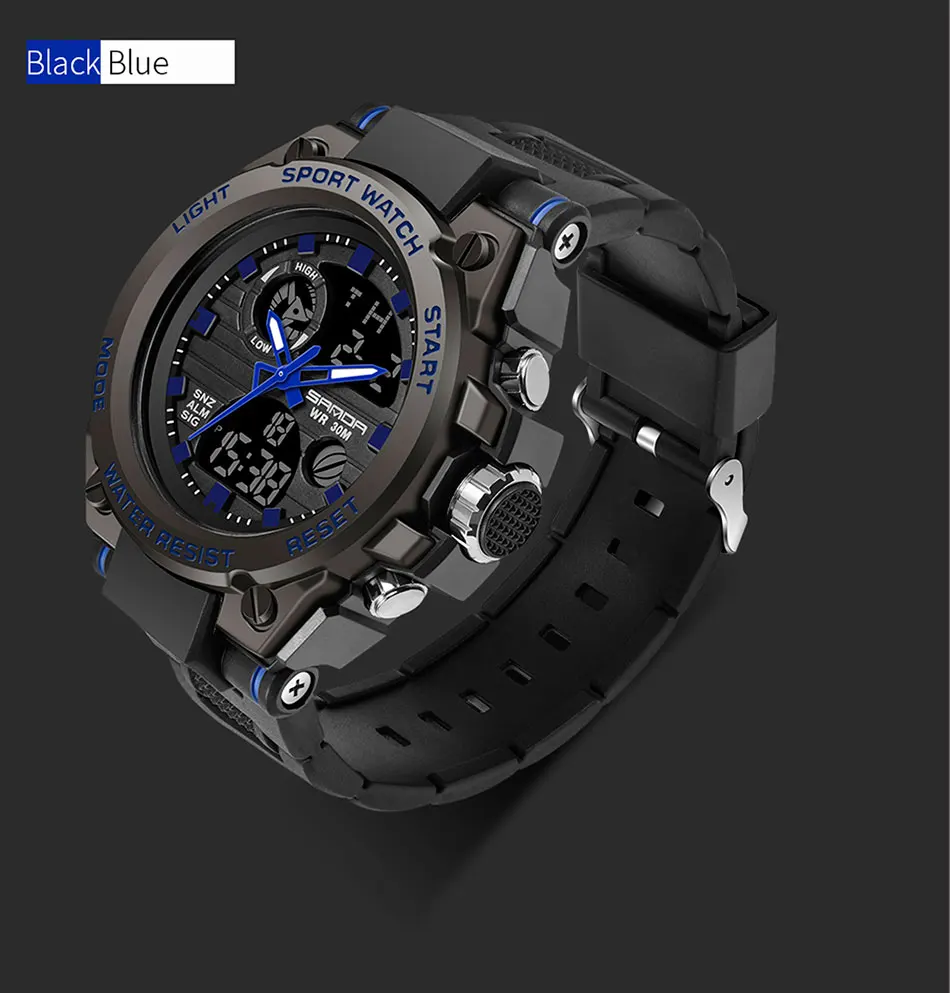 Sanda мужские часы черные спортивные часы светодиодный цифровой 3ATM водонепроницаемые военные часы S Shock мужские часы relogios masculino
