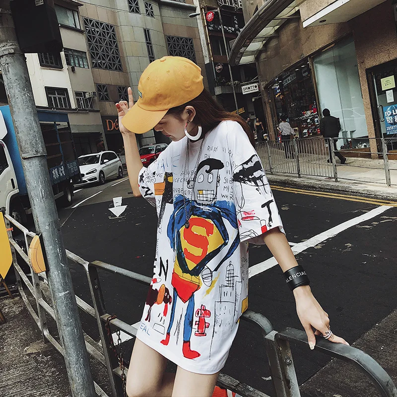 Женская винтажная длинная футболка Harajuku белая с коротким рукавом и