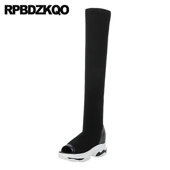 

over the knee flatform ladies peep toe thigh high summer heel wedge black luxury brand shoes women sandals muffin stretch boots