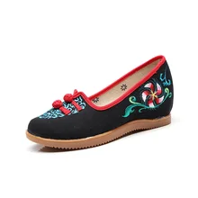 OLOME Летний стиль Для женщин холст вышитые Slip-on шлепанцы на плоской платформе толстые днища Дамы Джинсовая хлопковая ткань обувь