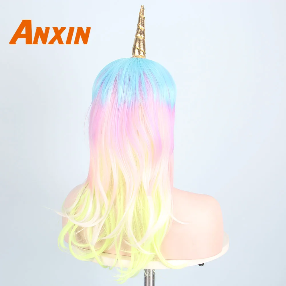 Anxin длинный кудрявый Единорог парик Радужный цвет с челкой для женщин Косплей Аниме парик