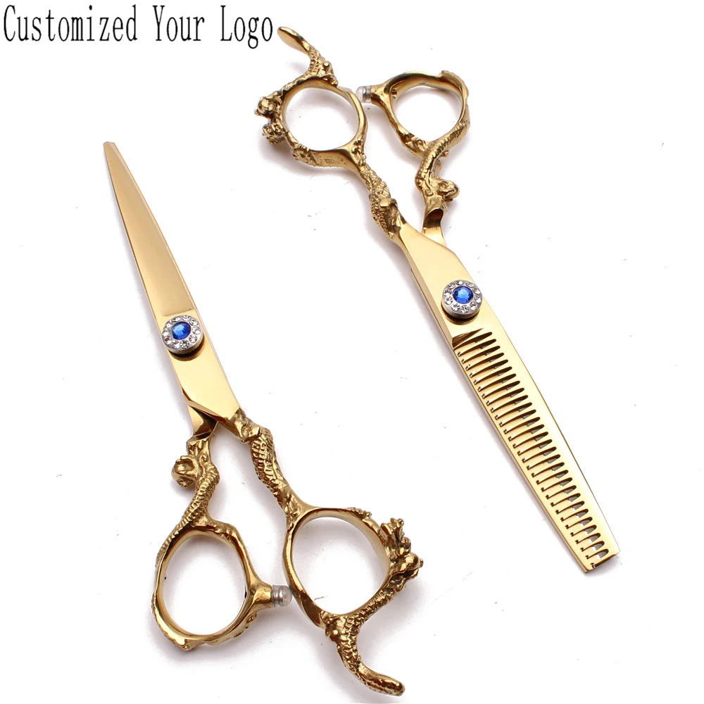 

6" Customized Logo 440C Gold Hair Scissors Hairdressing Scissors Cutting Shears Thinning Shears Dragon Handle Barber Shop C9003