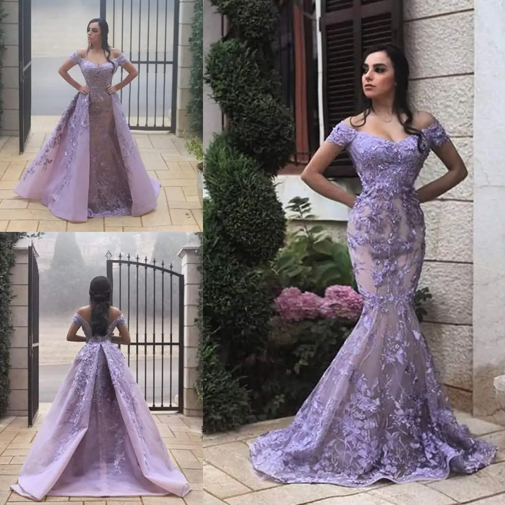 

Chic Light Purple Mermaid Prom Dresses with Detachable Train 2019 Off the Shoulder Lace Appliqued Evening Gowns Custom Made