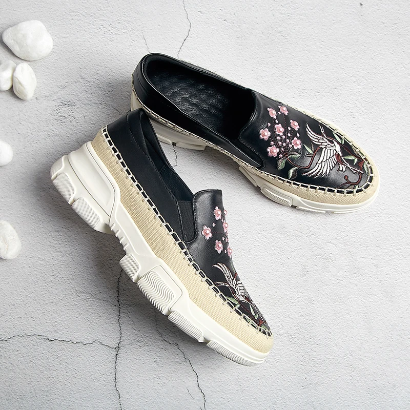 Zapatos Slip beige on Zapatillas Flores Estilo De Botas Plataforma Bordado Las Planos Mocasines Genuino Mujeres Cuero Deporte Black Chino Ocio Pisos XxqRpIU