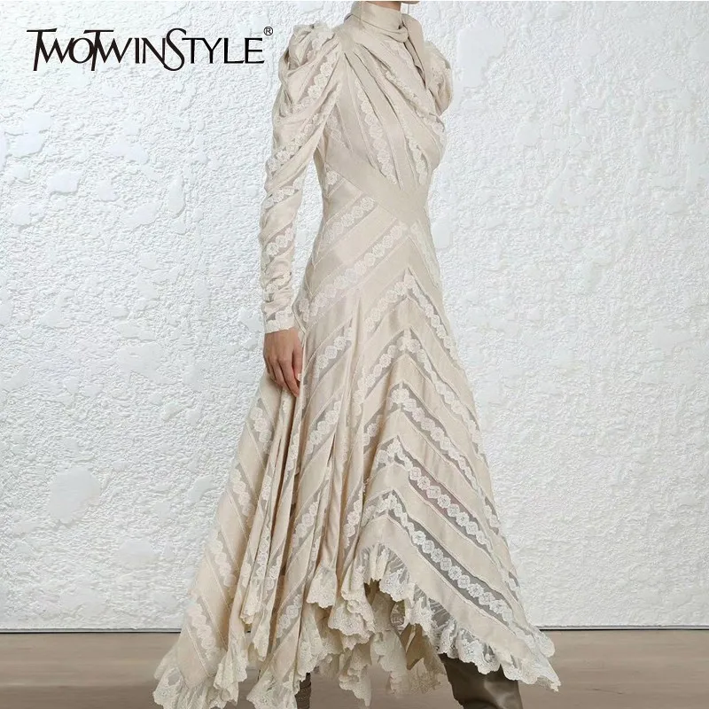 

TWOTWINSTYLE Patchwork Lace Maxi Dress Women Puff Long Sleeve Asymmetrical Party Dresses Female Big Sizes 2018 Autumn 2018 New