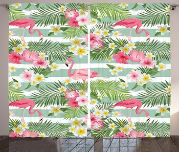 

Flamingo Curtains Flamingos with Exotic Hawaiian Leaves and Flowers on Striped Vintage Background Living Room Bedroom Decor
