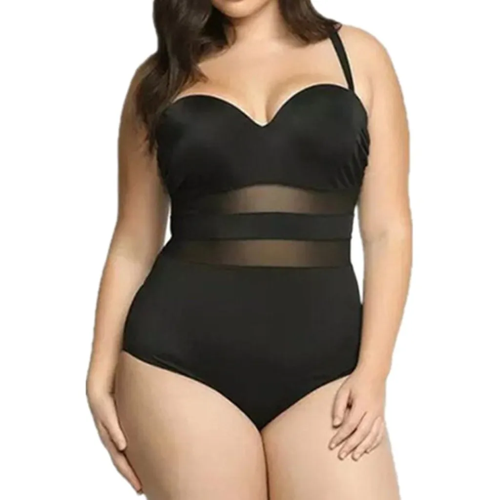 

Women new Fashion plus size black swimsut lace high waist sexy bikini 2019 one piece hollow out swimwear backless bodysuits hot