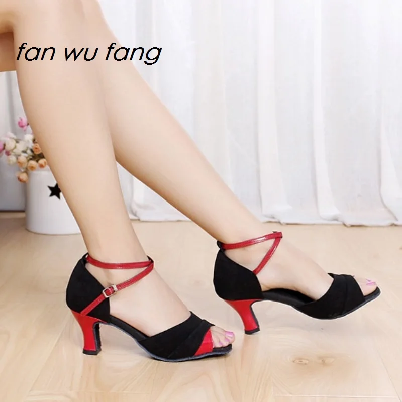 

fan wu fang 2017 New Arrival Flock Upper Rubber/Fur Sole Ballroom Latin Dancing Shoes Tango Dance Shoes For Women Adult 5cm 502