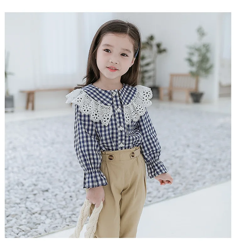 Dollplus/ милые клетчатые блузки с оборками для малышей Одежда для девочек блузки для девочек детские рубашки с длинными рукавами Повседневный хлопковый детский топ