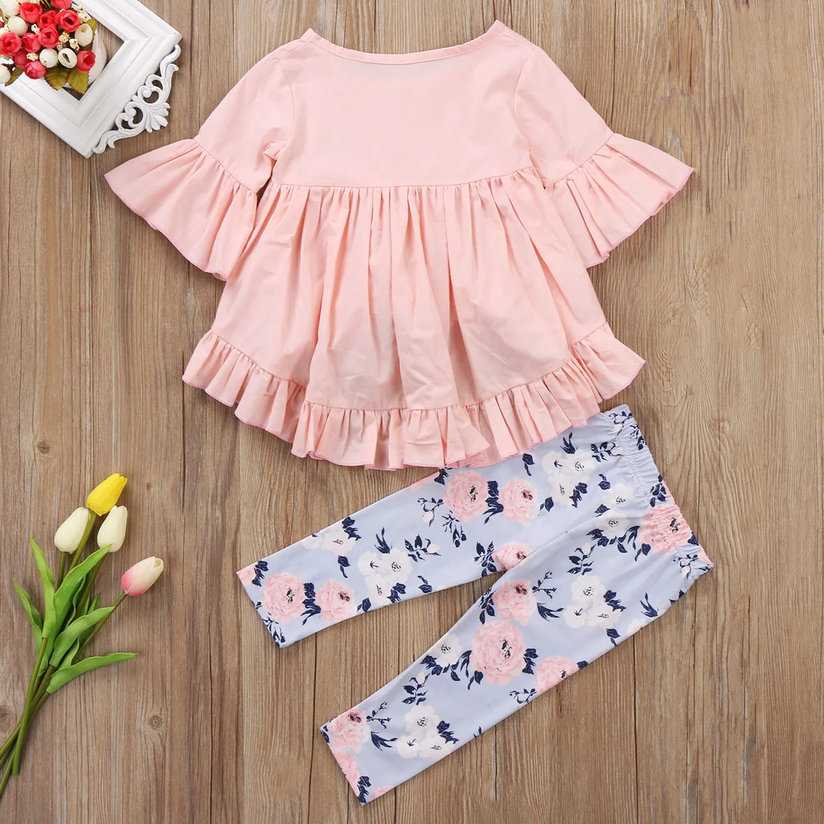 Комплект одежды с оборками для малышей на осень и весну детская одежда с цветочным рисунком для маленьких девочек 0-3 лет, комплект с футболкой Топы+ длинные штаны с цветочным рисунком