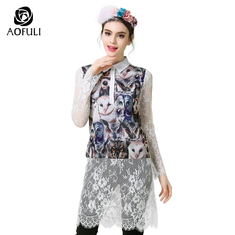 

L- 5XL Woman Sexy Lace Long Shirt Fashion Spring Summer Fashion Owl Print Long Sleeve Sundress For Big Size Ladies 2088