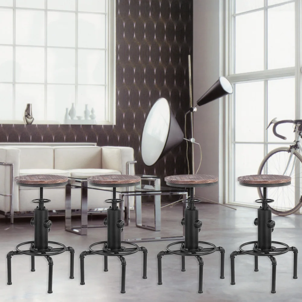 iKayaa Metal Industrial Bar Chairs Height Adjustable Swivel Pinewood Top Kitchen Dining Chair Pipe Style Barstool Bar Chairs