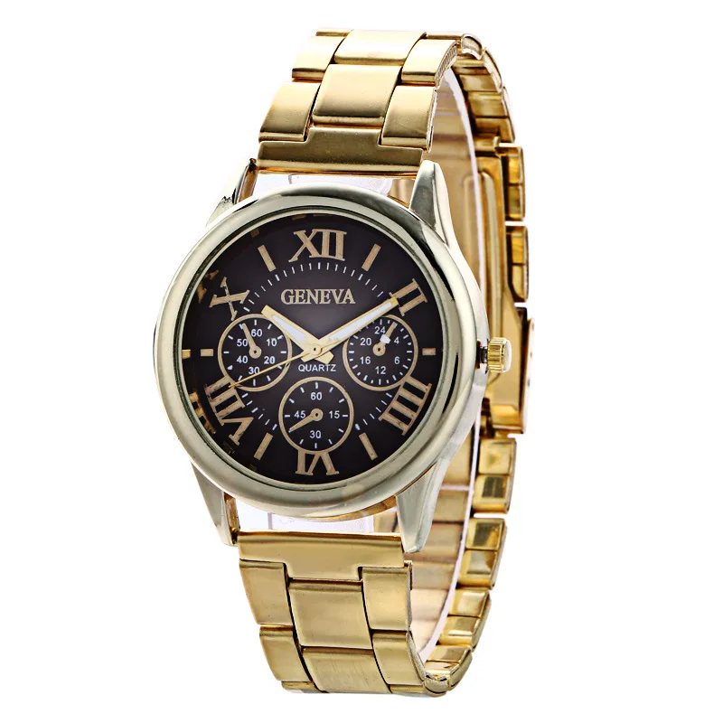 Classic Golden Geneva Stainless Steel Watch Women Casual Analog Quartz Ladies Dress Wristwatches 