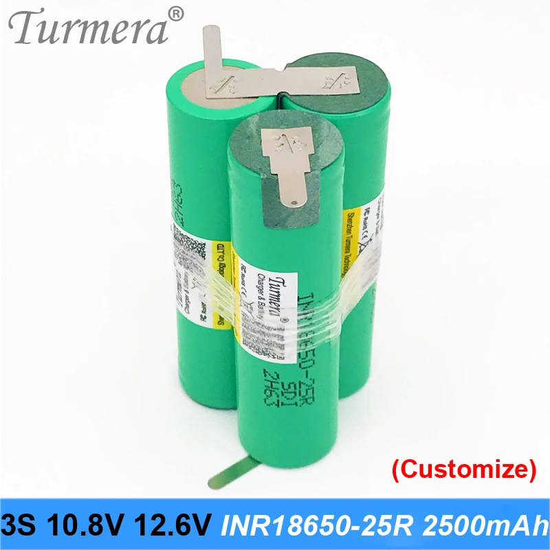 

Turmera 3s battery pack 18650 2500mah battery 25r 10.8v 12.6v 20a soldering battery for screwdriver tools battery customized JAN
